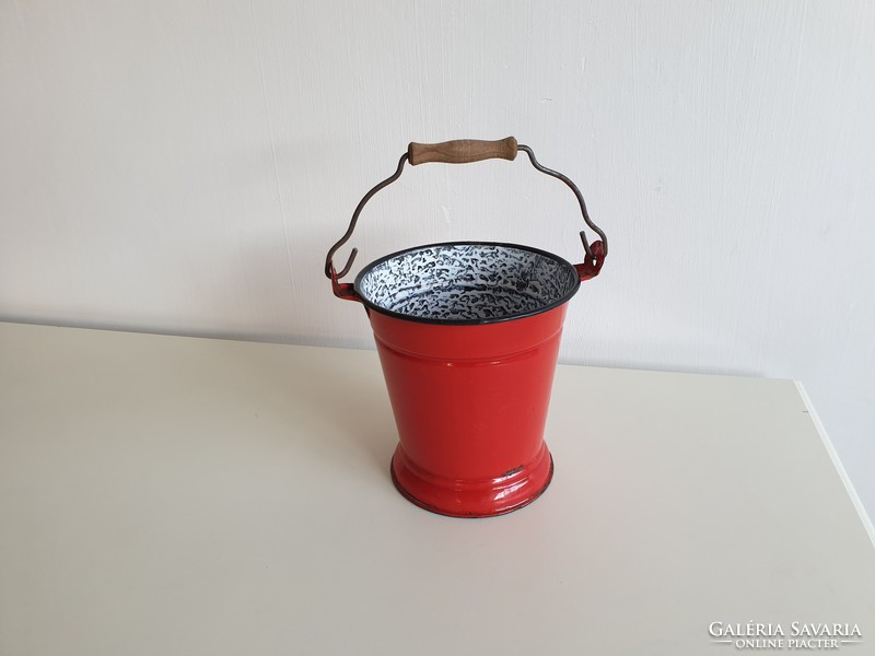 Old small size enamel vintage enameled red footed bucket jug