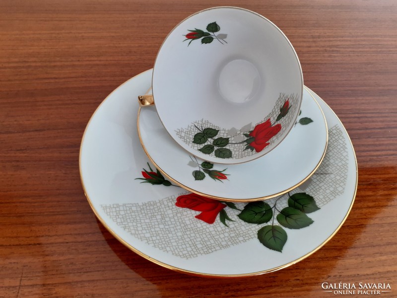 Retro porcelain coffee cup with red rose breakfast set 3 pcs