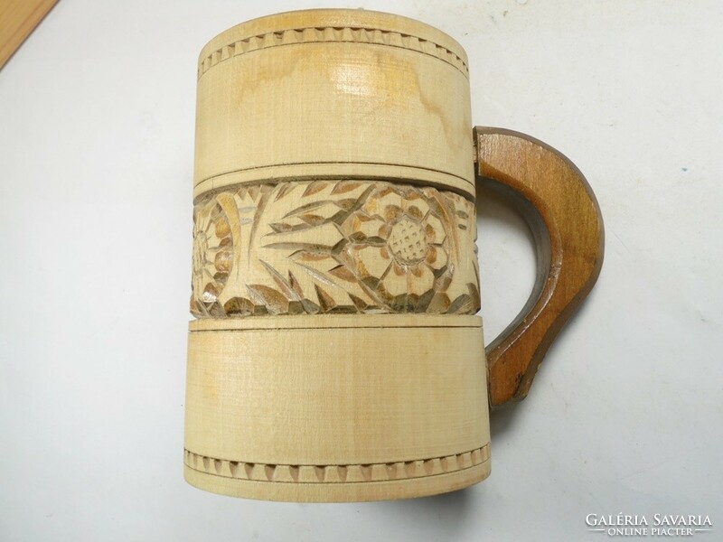Old wooden flower pattern floral jug cup - 13 cm high