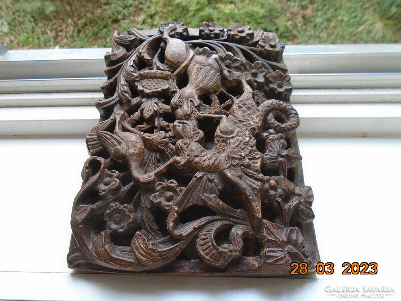 Antique Japanese Shinto shrine dragon and tiger carved plaque