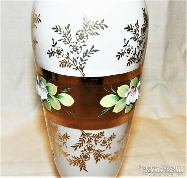 Bohemia Czech. Milk glass vase 24k. Gold-painted plastic flower decoration