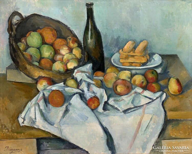 Cézanne - Csendélet kosárral és boros üveggel - vakrámás vászon reprint