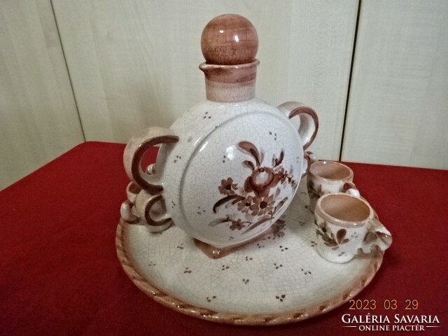 Hungarian glazed ceramic brandy set with tray. Deer pattern. Jokai.