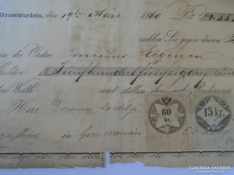 Za424.5 Old promissory note 1860 Großwardein Nagyvárad - Demeter Transylvanian HUF 353 document stamps