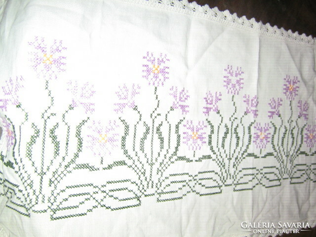 Beautiful antique cross stitch embroidered lace edge tablecloth runner