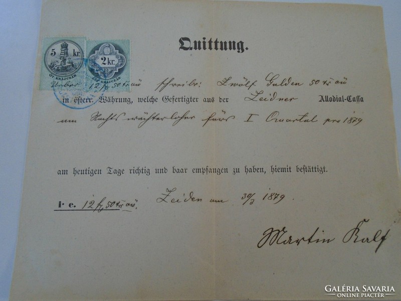 Za427.6 Old document - receipt - quittung - zeiden - black pile - 1879 - 12 frt 50 kr duty stamps