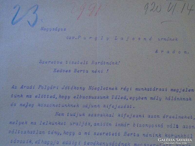 ZA432.4   Arad, Purgly Lajosné 1920 Aradi Polgári Nőegylet -Aradról való távozása alkalmából