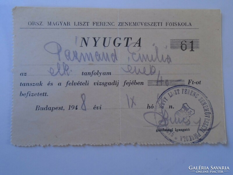 Za428.16 Receipt - national Hungarian flour Franciscan music school 1948 -40 ft