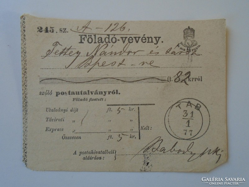 Za431.3 Consignment receipt tab 1877 - for Nándor Tettey and Tsa from 82 Krajczar
