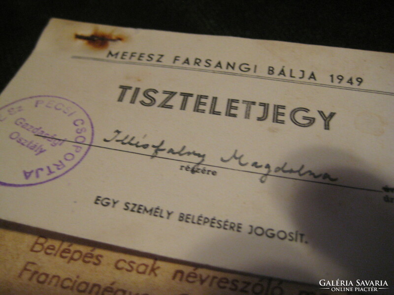 Mefesz carnival ball invitation, ticket of honor to the palatial hotel in Pécs, from the year 1949