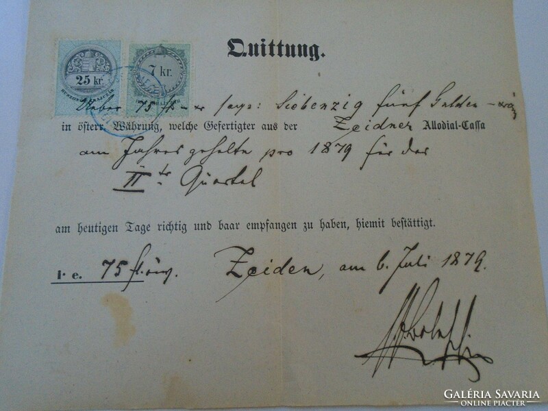 Za427.14 Old document - receipt - quittung - zeiden - black pile - 1879 - 75 frt duty stamps
