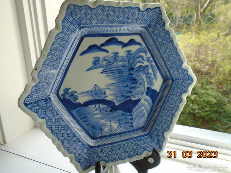 Arita blue and white monumental landscape with strait bridge, hand-painted hexagonal decorative bowl