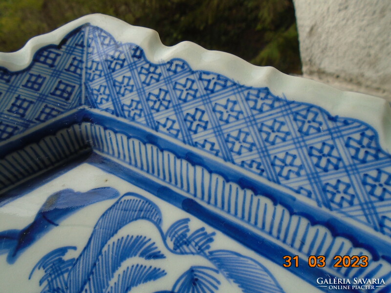 Arita blue and white monumental landscape with strait bridge, hand-painted hexagonal decorative bowl