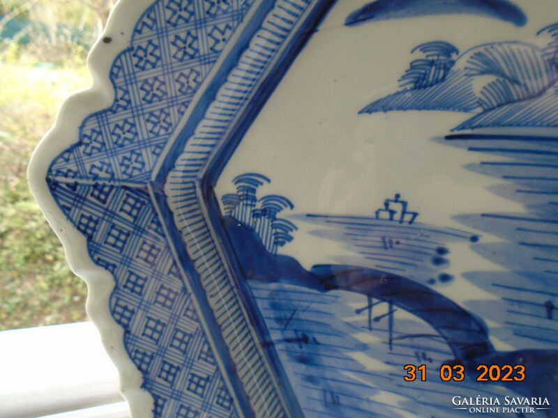 Arita blue and white monumental landscape with strait bridge, hand-painted hexagonal decorative bowl