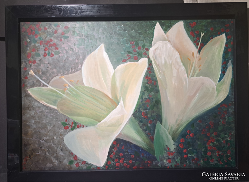 Béla Tilless: amaryllis - acrylic painting with frame - flowers, amaryllis