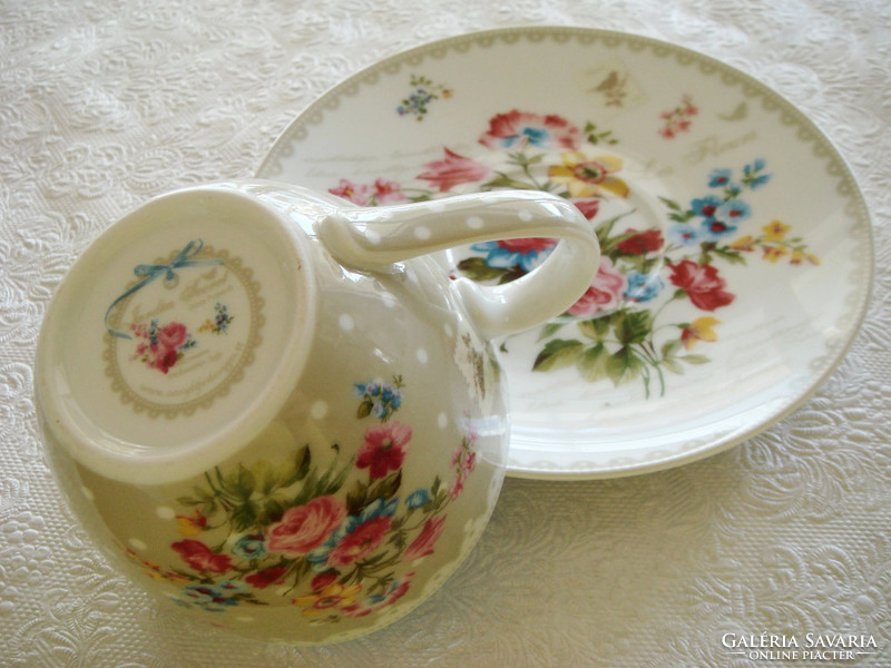 Vintage rózsás virágos pöttyös porcelán csésze