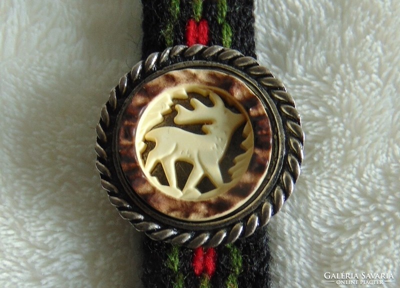 Hunter's tie - carved bone, silver, woven wool