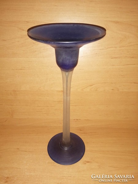 Kék üveg talpas gyertyatartó 27 cm magas