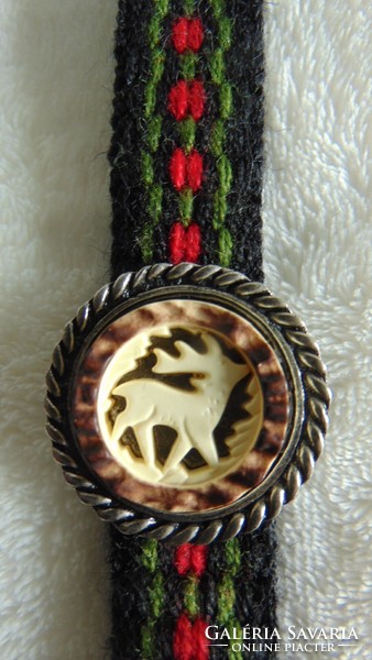 Hunter's tie - carved bone, silver, woven wool