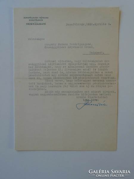 Za432.10 Dunaföldvár népbank 1935 - autograph letter of CEO Béla Strasser Ferenc Hunyady o.K. R