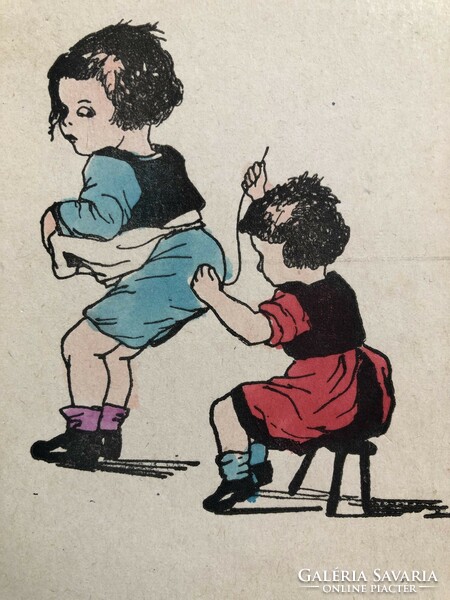 Antik rajzolt és színezett humoros képeslap - Postatiszta              -3.