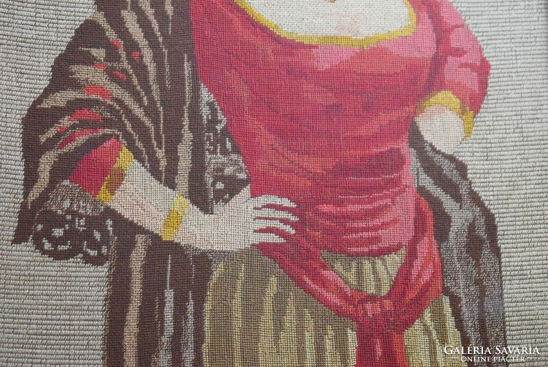 Gobelin női figura kép keretezett , üvegezett 53 x 43,5 cm antik