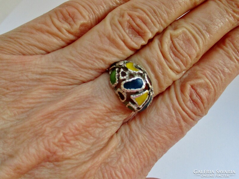 Gyönyörű régi kézműves zománcos ezüstgyűrű