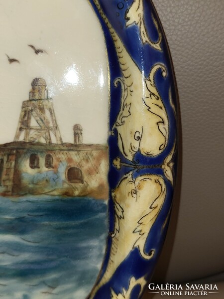 Zsolnay special significant decorative bowl with sailboats and sea monsters