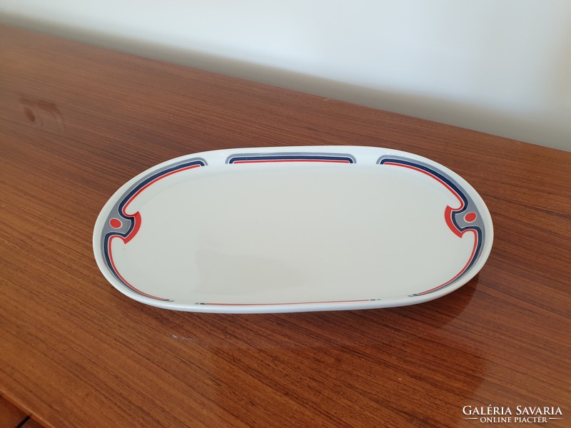 Retro nagy méretű 36 cm es Alföldi porcelán ovális tál piros menza mintás régi kínáló