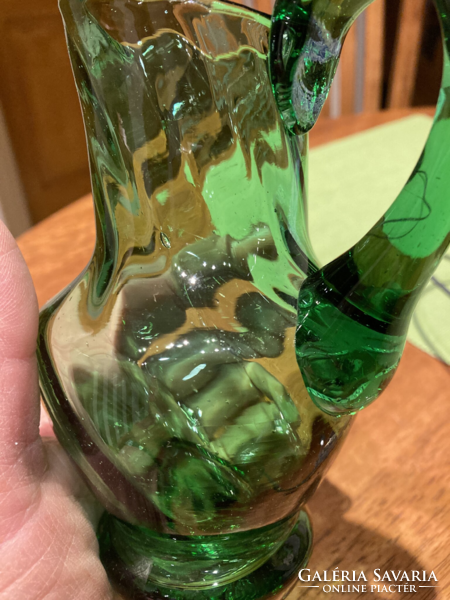 Üvegkancsó, zöld kis kancsó, retro kiöntő, váza