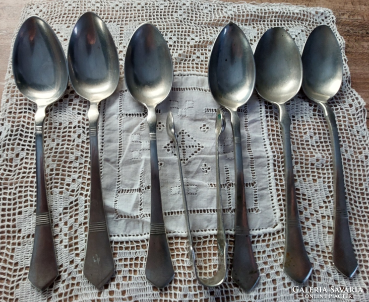 6 antique alpaca teaspoons, +1 alpaca sugar tongs - marked cutlery