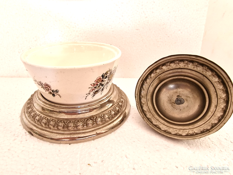 Painted ceramic bon bon holder with silver-plated bottom and top