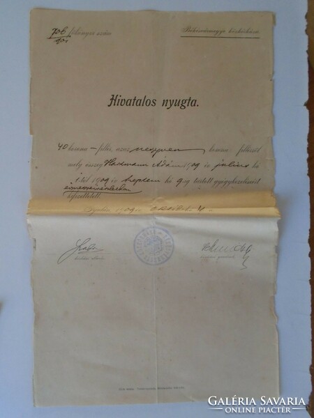 ZA433.5  Hivatalos Nyugta Gyula - 40 korona gyógyászati kezelés  - Békés Vármegye Közkórháza 1909