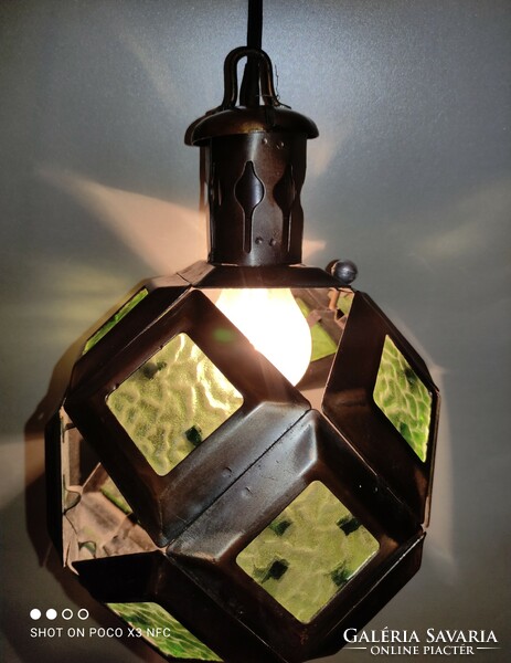 Retro réz zöld üvegbetétes mennyezeti lámpa - Alkotmány MG TSZ Bajna - 1979