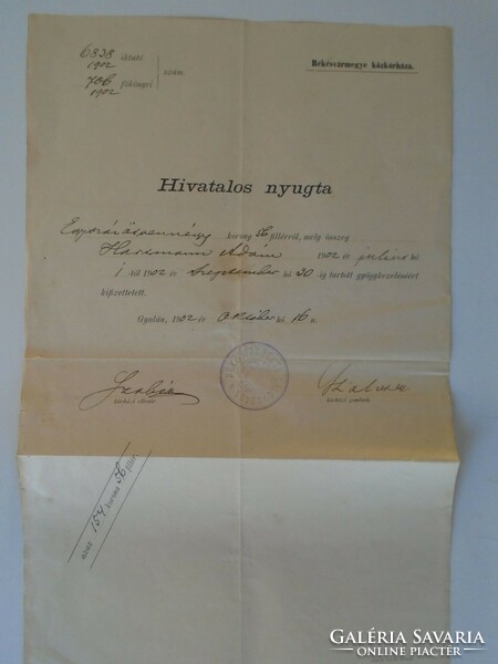 Za433.6 Official receipt Gyula - 154 kroner medical treatment - Békés county public hospital 1902