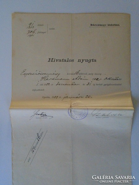 ZA433.7  Hivatalos Nyugta Gyula - 154 korona gyógyászati kezelés  - Békés Vármegye Közkórháza 1903