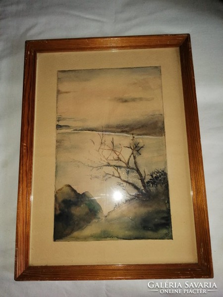 Balatoni tavasz festmény akvarell falikép üvegezett képkeretben 27,5*37,5 cm