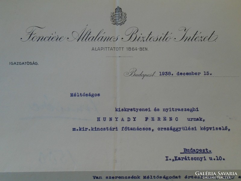 ZA433.16 Fonciere Biztosító 1938-Igazgatósági tiszteledíj-kisternyei és nyitraszeghi Hunyady Ferenc
