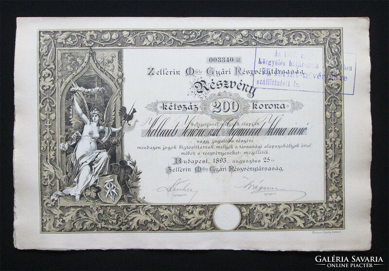 Zellerin M (Mátyás) -féle Gyári Részvénytársaság részvény 200 korona 1893