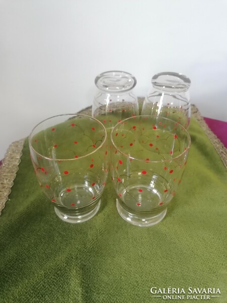 Retro parade glass jug with red dots + 6 glasses