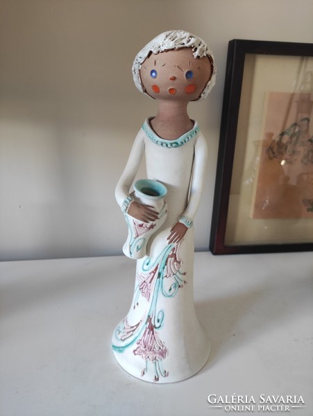 Jug girl lily in a floral turquoise and mauve dress, charming Kelemen Erzsébet ceramics
