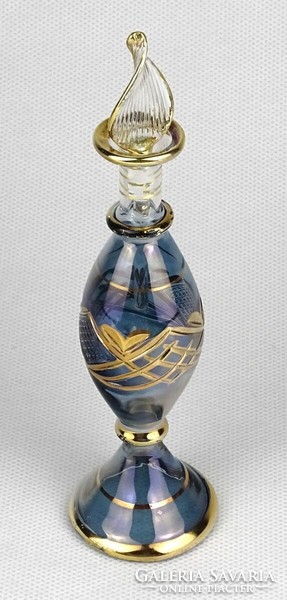 1M562 Régi fújt üveg aranyozott lila parfümös üveg 14.8 cm