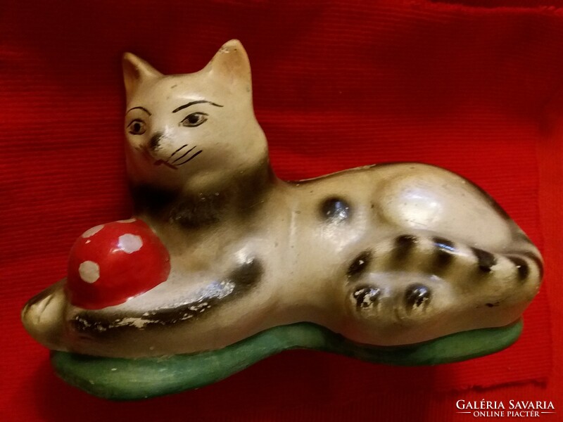Antique 1938 folk glazed ceramic bush lying down cat cat with skein 22 x 15 cm according to pictures