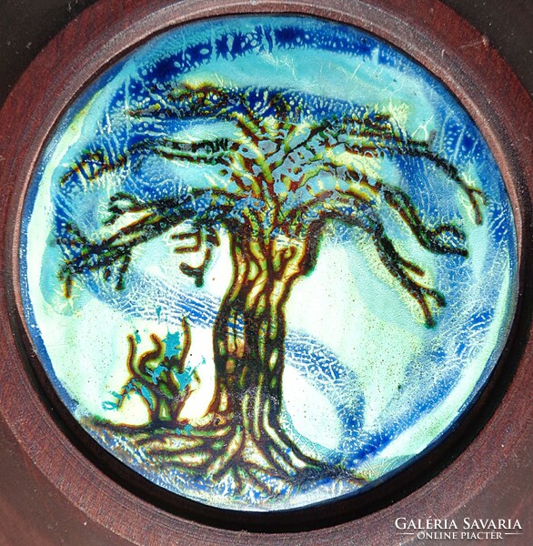Tree of life, fire enamel picture in a wooden frame
