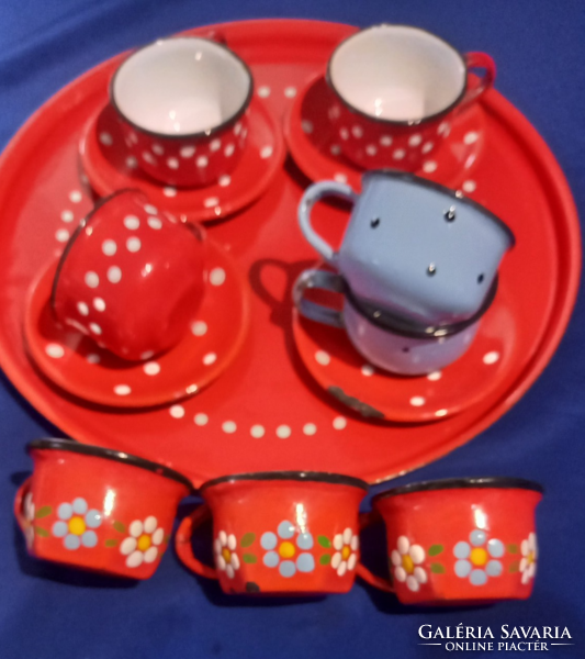 Enamel cups red blue, dotted, floral. Tray saucers