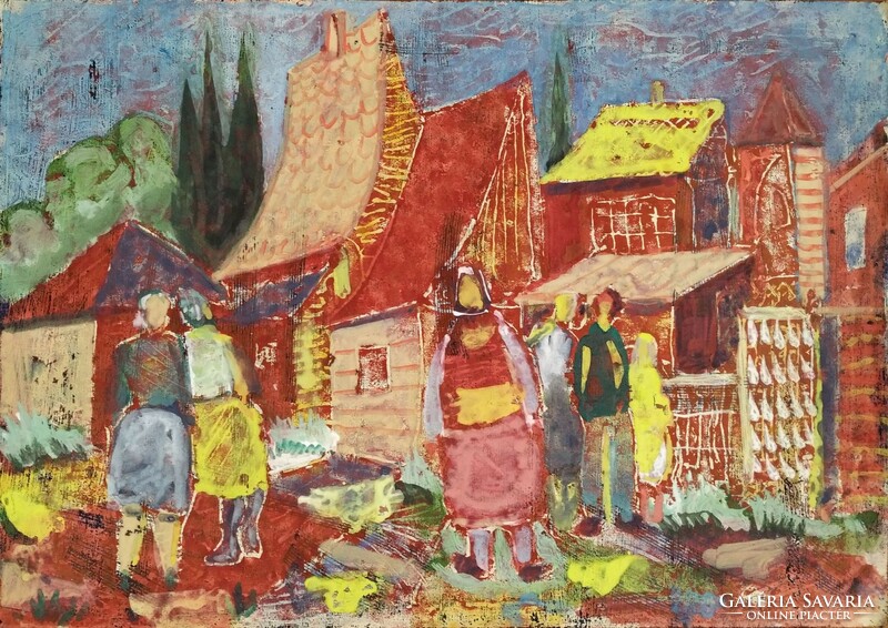 Gábor Durkó (1916-2003): village street - monotype, watercolor