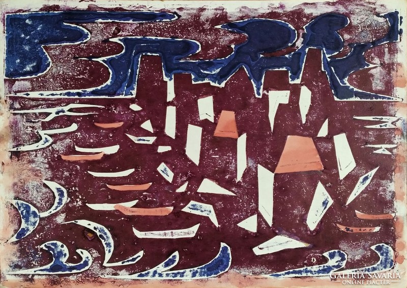 Gábor Durkó (1916-2003): harbor with rocks - monotype, watercolor