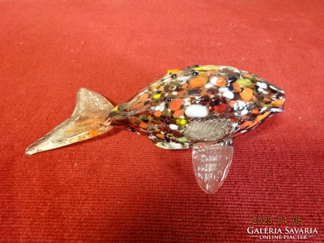 Üveg figura, színes üveg hal, hossza 14 cm. Jókai.