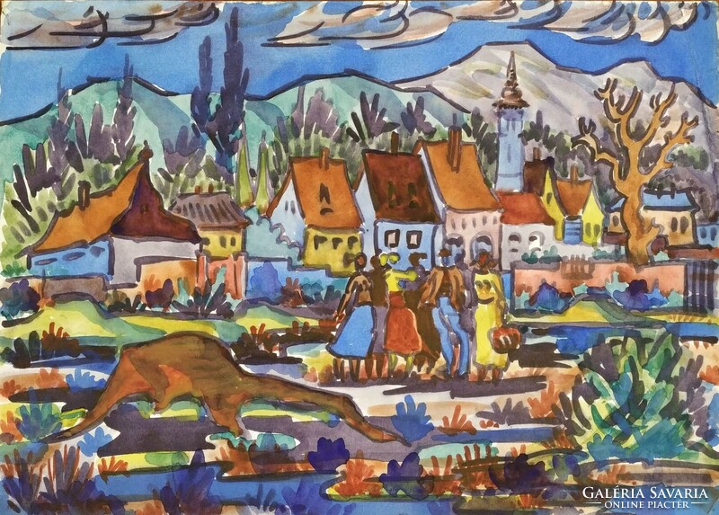 Gábor Durkó (1916-2003): village Sunday - watercolor