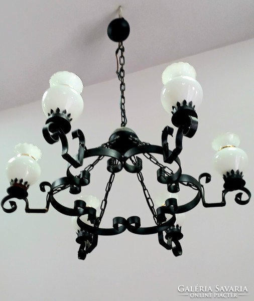 Large iron chandelier with 6 white lampshades